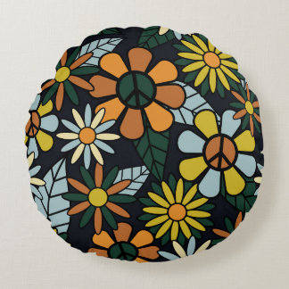 Coussins Ronds Seamless 70's retro hippie flowers pattern - Vinta