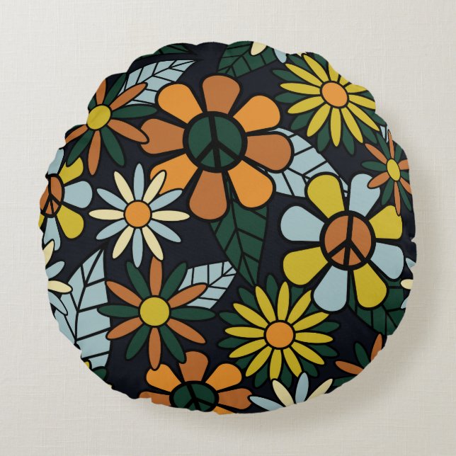 Coussins Ronds Seamless 70's retro hippie flowers pattern - Vinta (Devant)