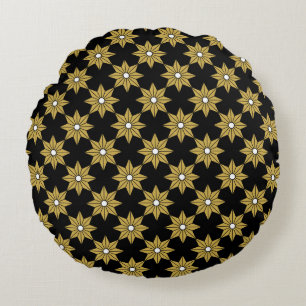 Coussins Ronds Seamless vintage star flower pattern. Gold and bla