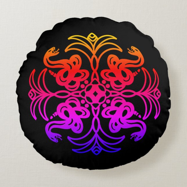 Coussins Ronds Serpent tribal noir et arc-en-ciel Mandala (Devant)