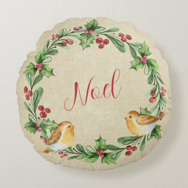 Coussins Ronds Serre de Berry Holly avec oiseaux - Noel (Devant)
