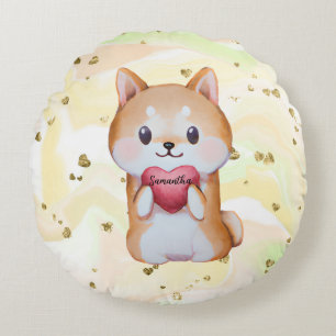 Coussins Ronds Shiba Inu Tenir Un Coeur