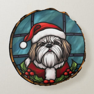 Coussins Ronds Shih Tzu Vitrail de Noël