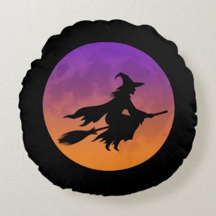 Coussins Ronds Silhouette de sorcière sur un balai