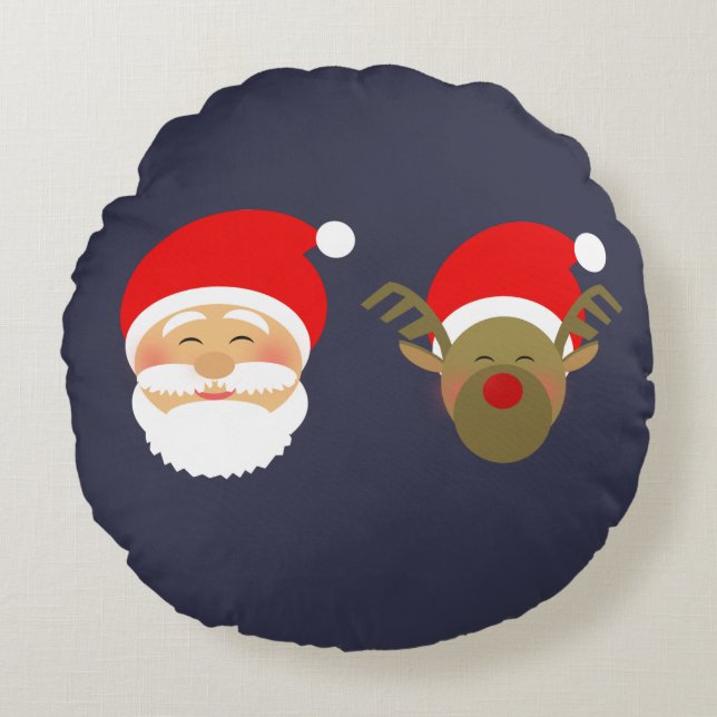 Coussins Ronds Simple Navy Blue Christmas Père Noël & Reindeer (Devant)