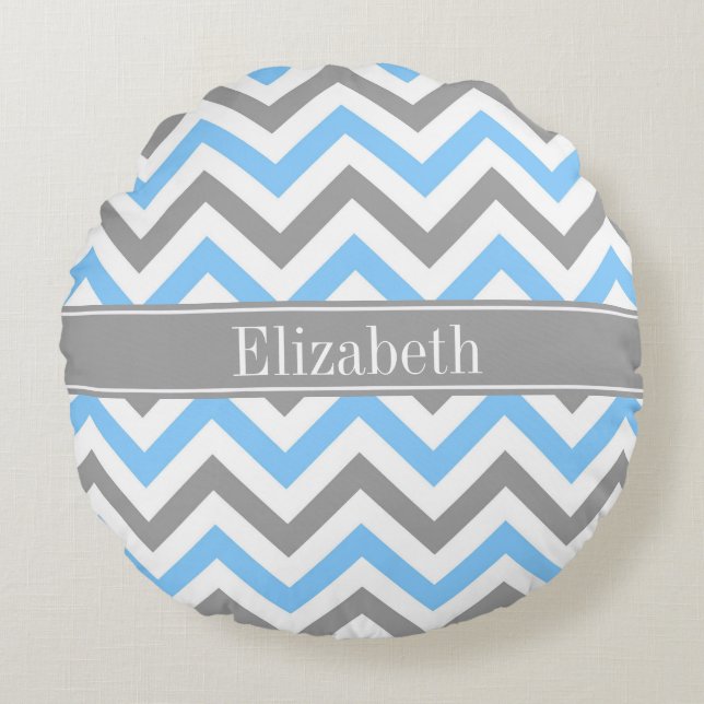 Coussins Ronds Sky Blue Dk Gray Wht LG Chevron Gray Name Monogram (Devant)