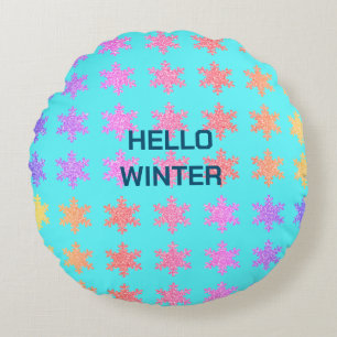Coussins Ronds Snowflakes Motifs Bonjour hiver Typographie Bleu