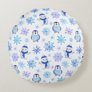 Coussins Ronds Snowflakes, Snowmen et Pingouins de Noël