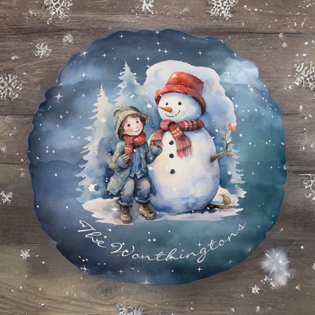 Coussins Ronds Snowman et garçon avec Écharpes Starry Night Monog (Créateur téléchargé)