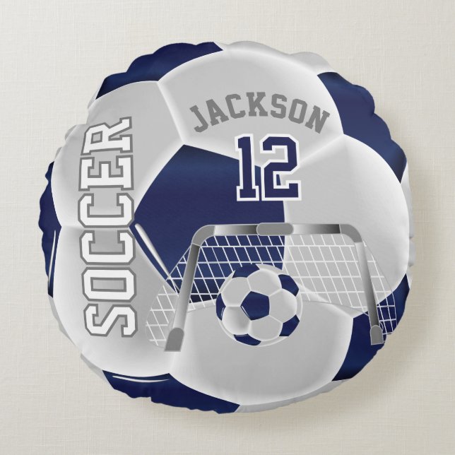 Coussins Ronds Soccer bleu et blanc | Nom do-it-yourself (Devant)