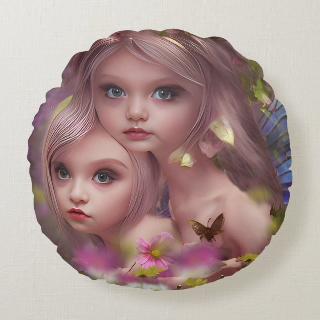 Coussins Ronds Soeurs des fées parmi les fleurs de la forêt (Devant)