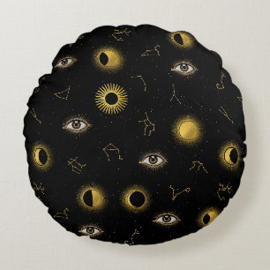 Coussins Ronds Soleil céleste d'or noir et oeil zodiaque de la lu