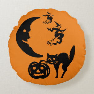 Coussins Ronds Sorcières & Lune & Chat & Citrouille & Fantômes Co