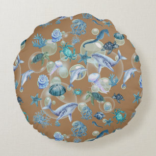 Coussins Ronds Sous l'Aquarelle bleu mer sur marron  