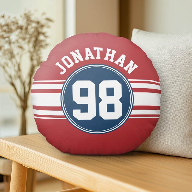 Coussins Ronds Sports Jersey Navy Blue & Red Stripes Nom Numéro (Custom Pillow)