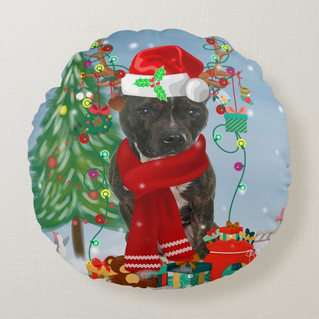 Coussins Ronds Staffordshire Bull Terrier Chien dans neige Noël T (Devant)