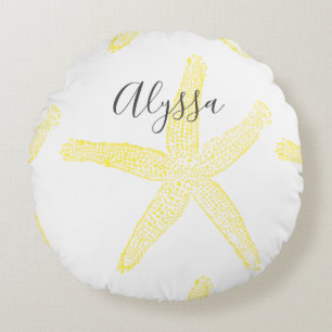 Coussins Ronds Starfish Yellow Grey Nom de plage Texte Modèle Coo