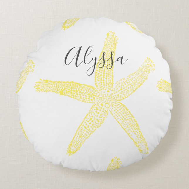 Coussins Ronds Starfish Yellow Grey Nom de plage Texte Modèle Coo (Devant)