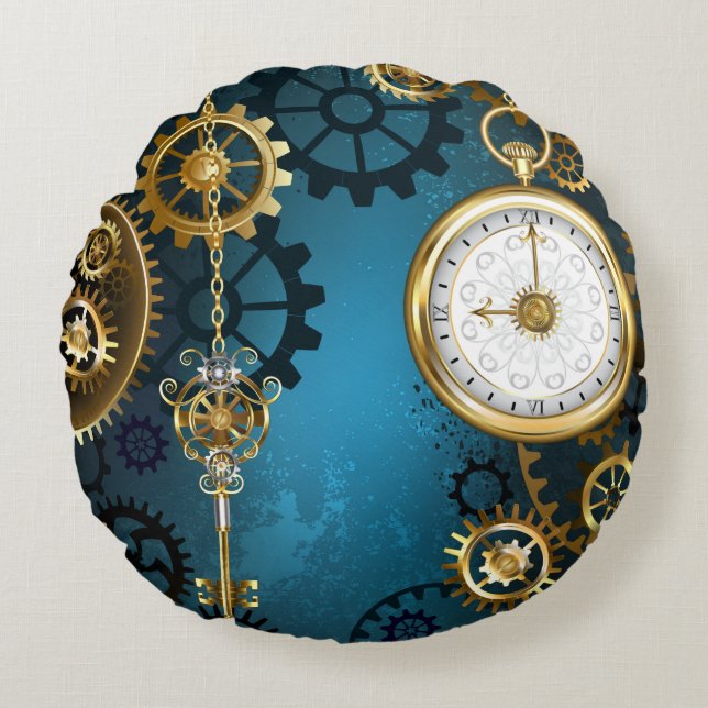 Coussins Ronds Steampunk Arrière - plan turquoise avec Gears (Devant)