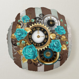 Coussins Ronds Steampunk Clock and Turquoise Roses on Striped