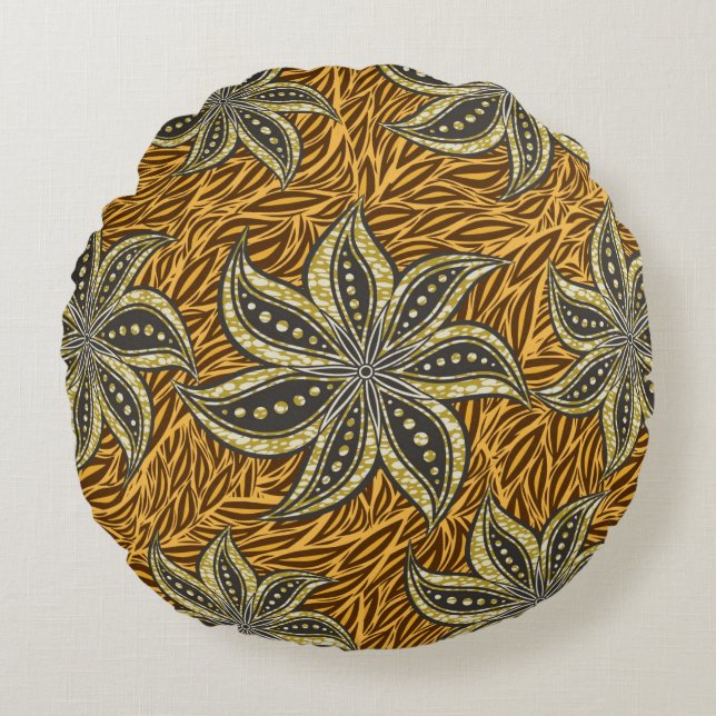 Coussins Ronds Style Batik Floral Abstrait africain (Devant)