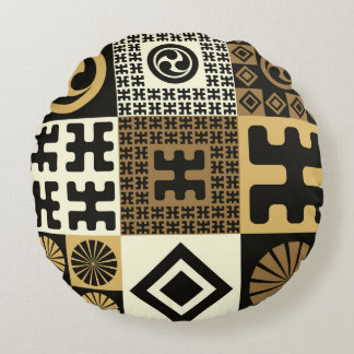 Coussins Ronds Style japonais, or noir sans couture motif.