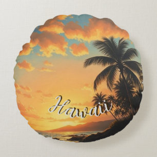 Coussins Ronds Style Vintage Hawaïen Voyage Côte Mer Coucher de s