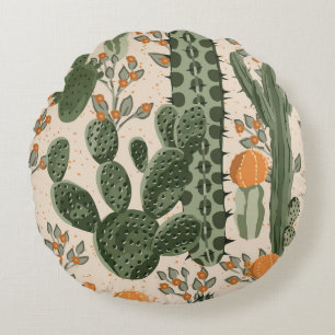 Coussins Ronds Succulents verts, fleurs oranges, papier peint de 