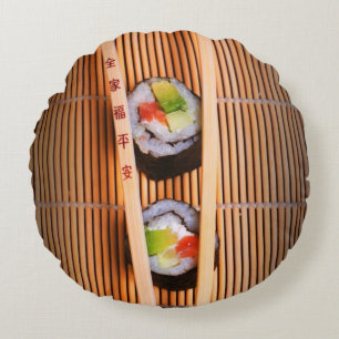 Coussins Ronds Sushi et baguettes en bois