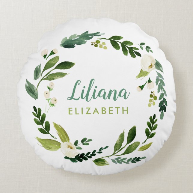 Coussins Ronds Sweet Greenery Wreath Nom du bébé Monogramme (Devant)