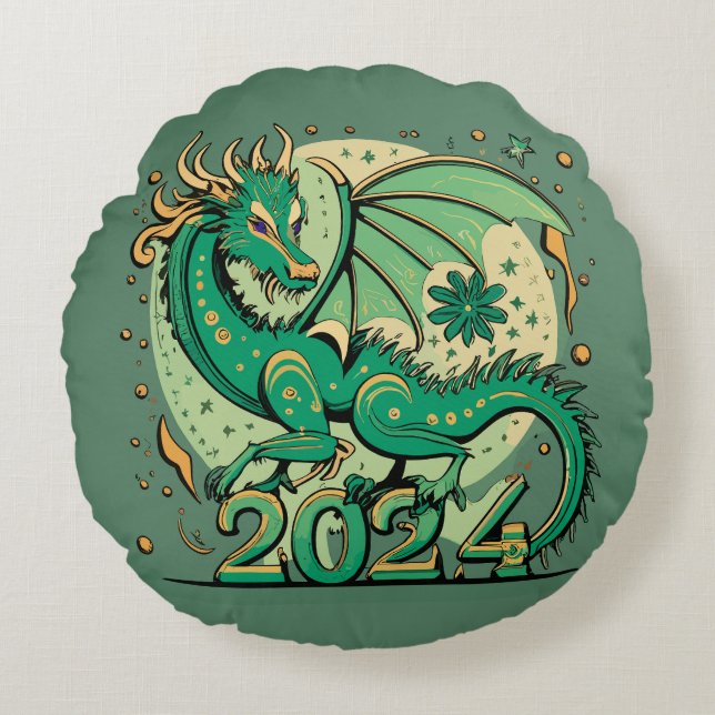 Coussins Ronds Symbole 2024 Nouvel An, Dragon de Bois Vert (Devant)