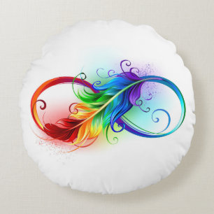 Coussins Ronds Symbole d'infini avec plume arc-en-ciel