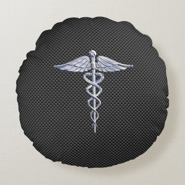 Coussins Ronds Symbole Médicale Chrome Caduceus Fibre de carbone  (Devant)