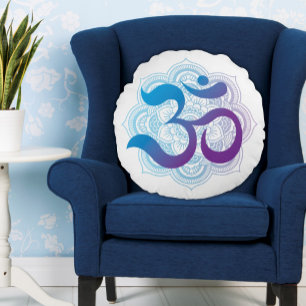 Coussins Ronds Symbole violet et bleu Om Mandala Flower Blanc