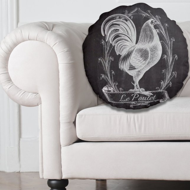 Coussins Ronds tableau chic rustique (rustic chic blackboard french country rooster round pillow)