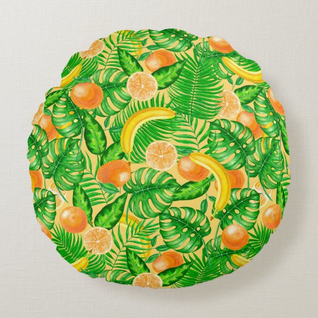 Coussins Ronds Tangerines, bananes et feuilles tropicaux (Devant)