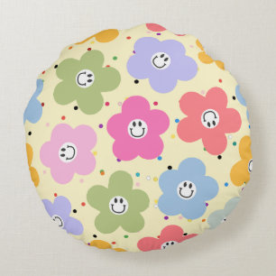Coussins Ronds Tapisserie Ronde Rétro Pastel Fleur Smiley