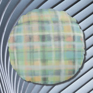 Coussins Ronds Tartan plaid moderne pastel gris vert jaune