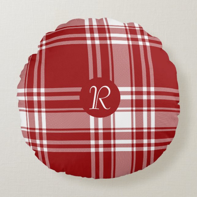 Coussins Ronds Tartan Plaid Rouge Blanc Monogramme Noël (Devant)