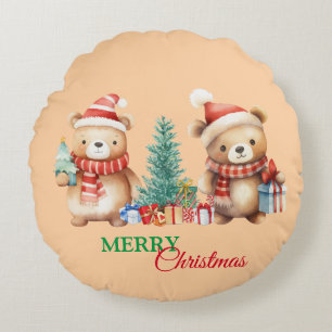 Coussins Ronds Teddy Bear Père Noël Red Green Joyeux Noël Party