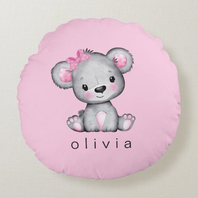 Coussins Ronds Teddy Bear personnalisée Baby Girl rose (Devant)