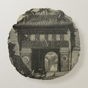 Coussins Ronds Temple impérial asiatique dans noir et le blanc