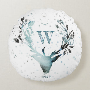 Coussins Ronds Tête de cerf d'hiver Monogramme Bleu Argent Noël 