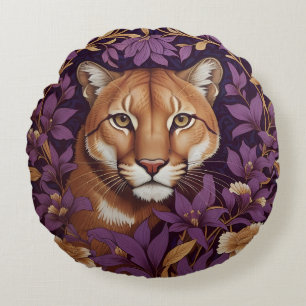 Coussins Ronds Tête de couguar parmi un feuillage et des fleurs d
