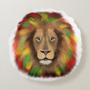 Coussins Ronds Tête de lion rasta rouge jaune vert dessin Jamaïqu