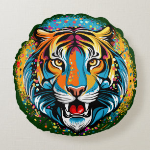 Coussins Ronds Tête de tigre couleurs arc-en-ciel peinture taches