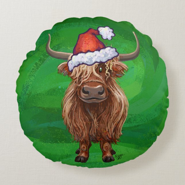 Coussins Ronds Têtes de fête et sentiers Highland Cow on Green (Devant)