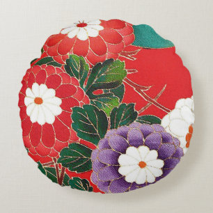 Coussins Ronds Textile japonais vintage - Dahlias rouges