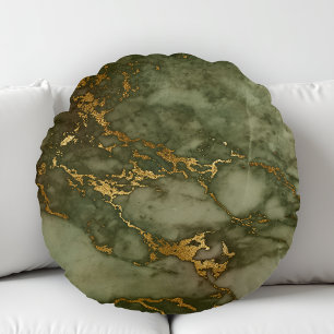 Coussins Ronds Texture de marbre vert olive feuille d'or fausse