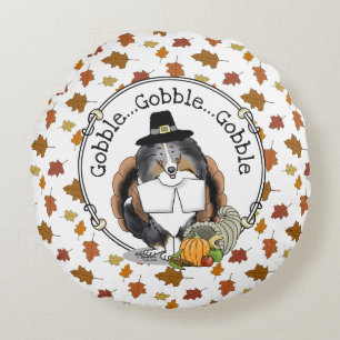 Coussins Ronds Thanksgiving Shetland Sheepdog (merle bleu) Drôle